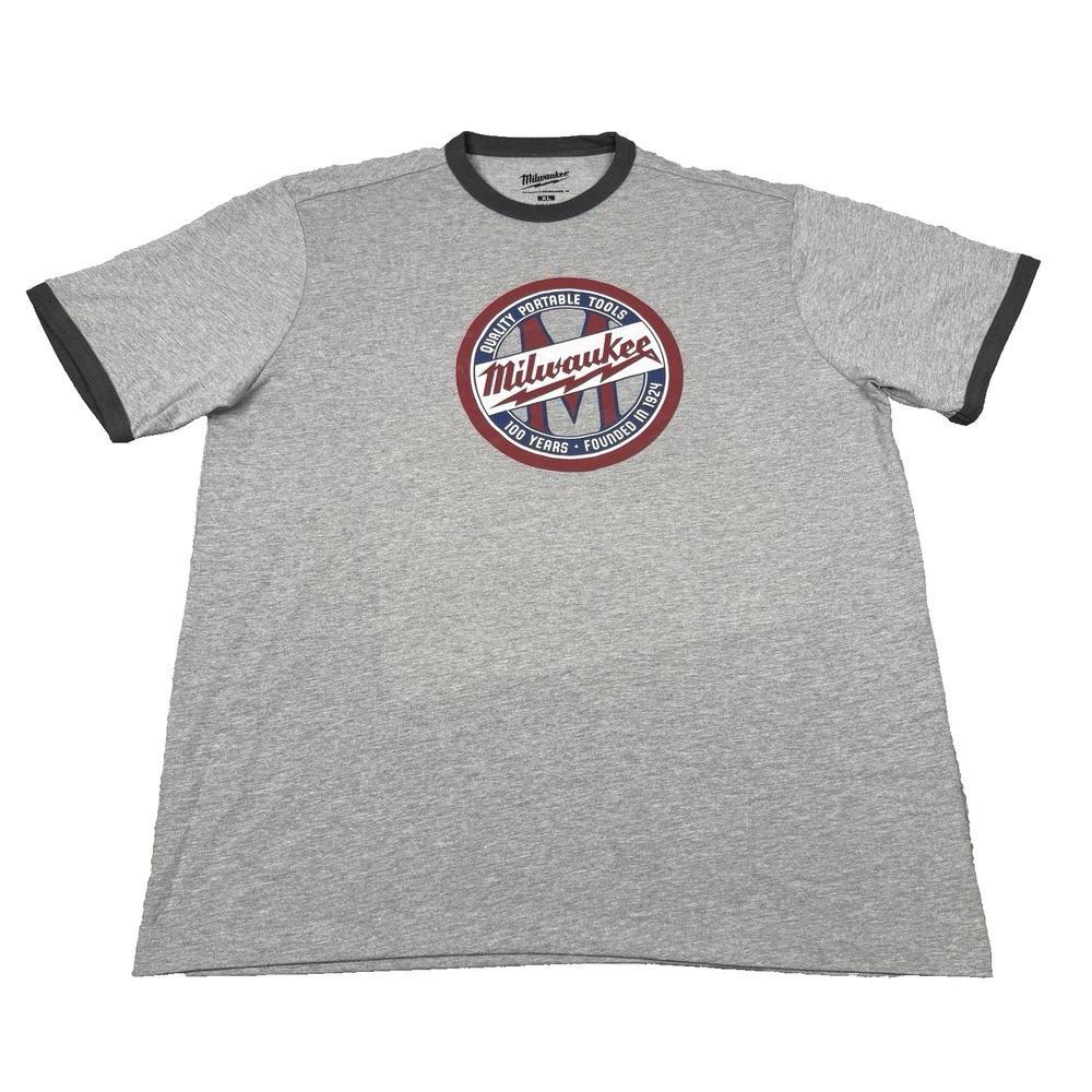 Milwaukee Tool T-Shirt Men XL Gray 1924 100th Anniversary Ringer Logo SS1924G